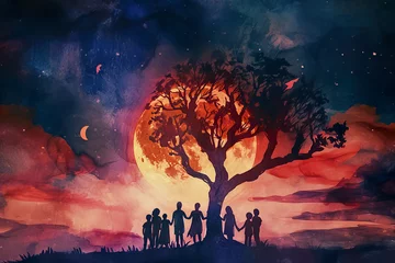 Foto op Aluminium magical watercolor illustration of a group of people holding hands around a tree © Formoney
