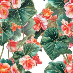 Obraz premium Watercolor begonia with leaves background seamless pattern