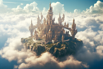 mystical castle in the clouds with turrets and floating islands