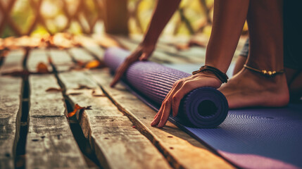 Close-up of a person's hands rolling up a purple yoga mat - obrazy, fototapety, plakaty