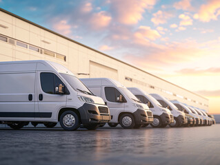 Fleet of white delivery vans parked in a row at sunset. Logistic and transportation concept with copy space. Design for banner, logistic poster, transportation services wallpaper
