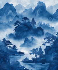 Beautiful Chinese Blue Landscape Traditionel