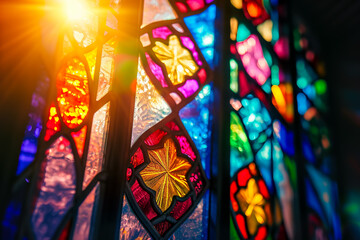 stained glass window with a religious motif and colorful light - obrazy, fototapety, plakaty