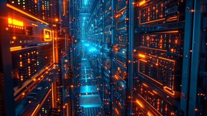 Naklejka premium bird's-eye view, array of secure servers in a data center, top view in room, industrial area, evening, LED lights, secure, Drone Camera, generative ai.