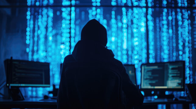 Individual in a hoodie sitting in front of multiple computer monitors displaying various data visualizations and global network map