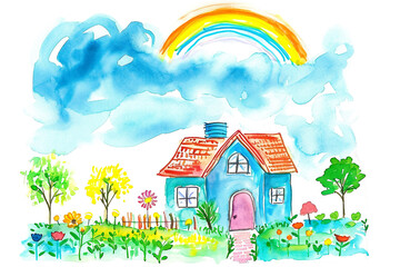 watercolor illustration of a child's drawing of a house