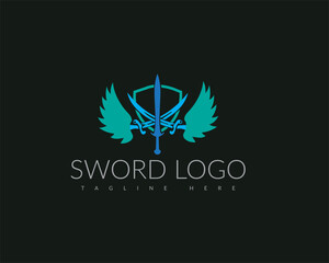 Swords and shield minimalist logo design template.