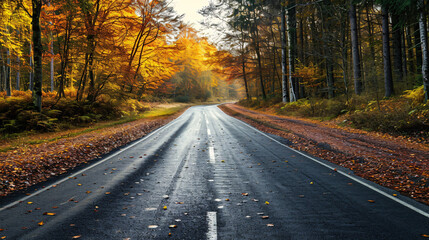 Fototapeta premium Wet autumn road surrounded by vibrant fall forest. Seasonal scenery and driving concept with copy space. Design for banner, travel poster, autumn themed wallpaper. 