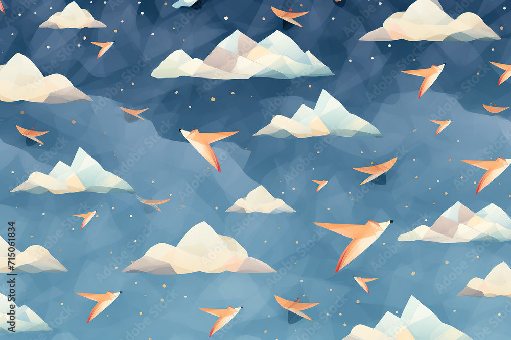 Poster whimsical pattern with floating paper airplanes and clouds