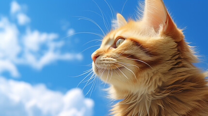 Close up orange cat on blue sky background - obrazy, fototapety, plakaty