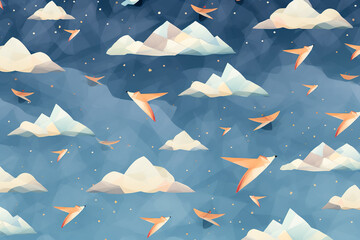 whimsical pattern with floating paper airplanes and clouds