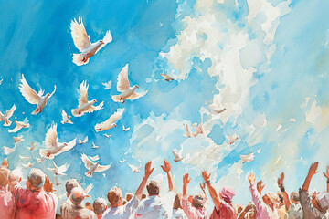 whimsical watercolor painting of a group of people releasing doves into the sky - obrazy, fototapety, plakaty