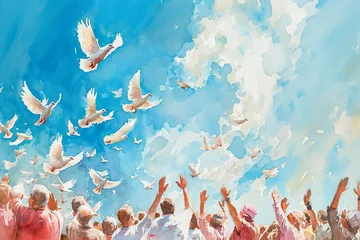 Fotobehang whimsical watercolor painting of a group of people releasing doves into the sky © Formoney