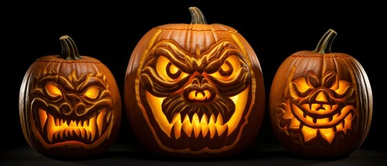 Obraz premium Three Carved Pumpkins With Scary Faces - Halloween Decorations for Spooky Celebrations