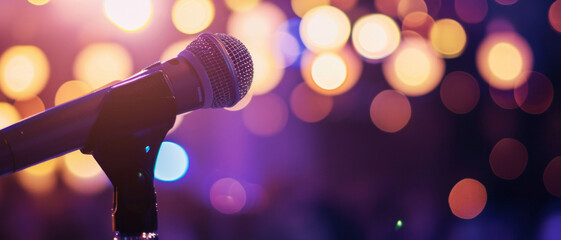 A microphone awaits its performer, standing solo in a haze of anticipation and colorful stage lights