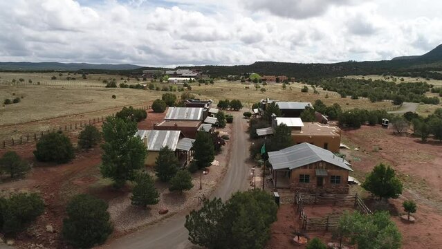 Aerial drone footage of western town movie set in Arizona