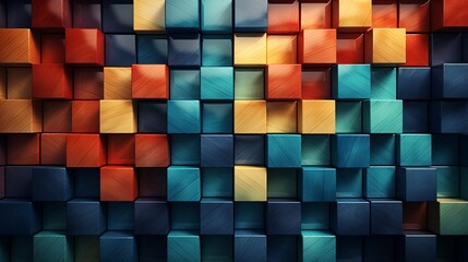 Vibrant arrangement of colorful wooden blocks in wide format, hand edited generative art