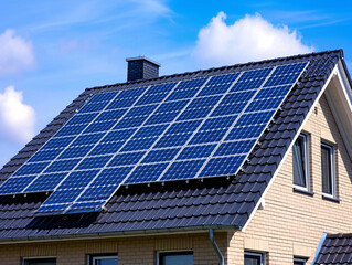 Fototapeta premium House with a solar paneled roof on a clear day. Sustainable energy and eco-friendly housing concept with copy space. Design for banner, environmental brochure, green living poster 