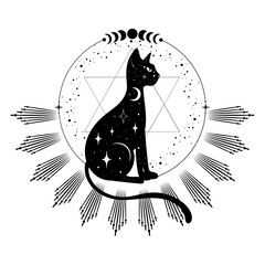 Mystical black cat. Moon, sun, grass, stars. Esoteric symbols, tattoo, logo. 