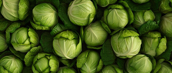 A lush tapestry of cabbage heads forms a verdant mosaic, celebrating the beauty of fresh, leafy greens - obrazy, fototapety, plakaty