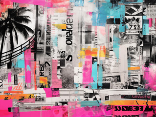 Modern paper art photo collage, with bright vivid neon pink and blue colors, ripped black and white newspapers. Colorful, trendy, contemporary art. Creative background