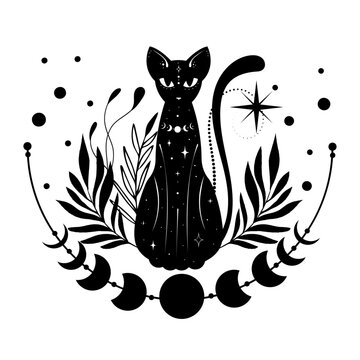 Mystical black cat. Moon, sun, grass, stars. Esoteric symbols, tattoo, logo. 
