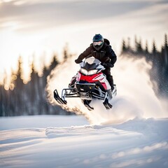Airborne snowmobiler in a cloud of fresh snow
