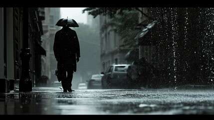 Obraz premium Person walking in the street in rain during the night