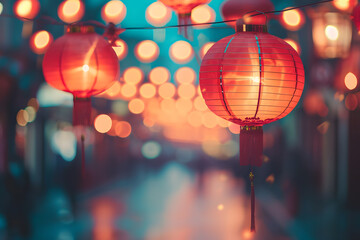 Naklejka premium Chinesisches Stadtzauber: Hintergrund mit leuchtenden Lampions in den Straßen von China Town, eingefangen im städtischen Bokeh der Nacht.
