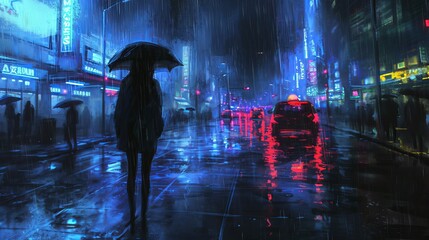 Person walking in the street in rain during the night