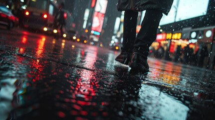 Person walking in the street in rain during the night - obrazy, fototapety, plakaty