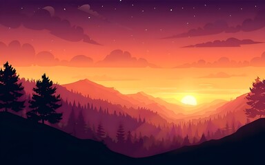 Free photo sunset and silhouettes of trees in the mountains, illustration, 3d render generative ai