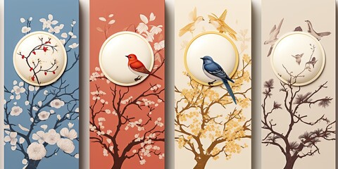 Series of nature-themed wall art featuring birds on branches with floral elements