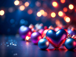 Bokeh lights background with shiny heart and celebration baubles with glitter. Beautiful background with blue lights.