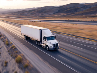 Obraz premium Modern white semi-truck on open highway. Efficient long-haul transportation and delivery concept 