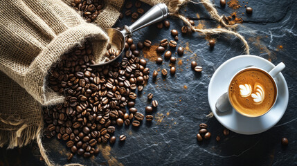 Close-up view of a freshly brewed cup of espresso with a creamy crema on top, accompanied by coffee beans spilling out from a burlap sack - obrazy, fototapety, plakaty
