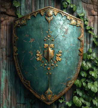 Old shabby green knight's shield decorated with gold ornaments. Medieval knight's shield. AI generated