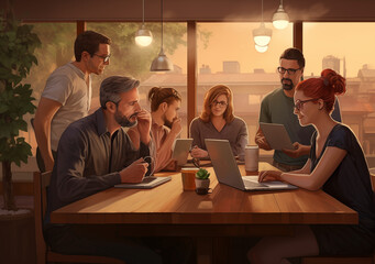 Fototapeta premium A group of people sitting at a table with a laptop