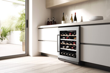 Modern white wine cooler in a kitchen, showcasing a sleek design with a bottle inside.