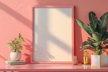 A vibrant houseplant in a red flowerpot sits atop a shelf adorned with a pink frame, adding a pop of color to the indoor space as it reflects off the mirror and basks in the natural light from the wi