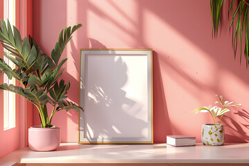 A vibrant houseplant stands tall in a delicate flowerpot, nestled between a chic picture frame and a gleaming vase on the shelf, reflecting the natural beauty of the plant in the nearby window and ad