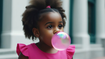 Little girl blowing a bubble gum bubble - obrazy, fototapety, plakaty
