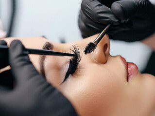 Obraz premium A close-up of the eyelash care procedure in a beauty salon. The makeup artist does the curling and coloring of eyelashes for the client