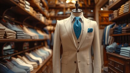 Fototapeta premium Elegant Business Attire: Beige Suit on Mannequin, Boutique Display in Mall , generative ai.