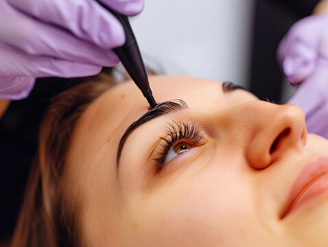 A close-up of the eyebrow care procedure in a beauty salon. A makeup artist does a perm and eyebrow coloring for a client