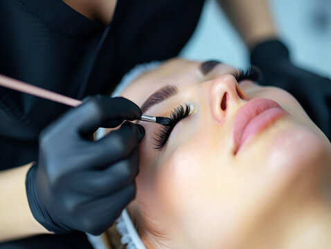A close-up of the eyelash care procedure in a beauty salon. The makeup artist does the curling and coloring of eyelashes for the client