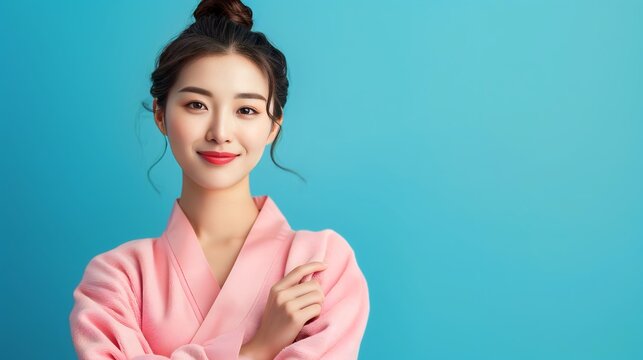portrait of a young woman of Asian appearance in a terry pink robe with a beautiful well-groomed face and skin, female cosmetologist, skin care, advertising cosmetic products