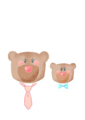 Ilustración infantil de papá oso y osezno en grafito y acuarela digital. Invitaciones, tarjetas, cartas y decoración. Sin fondo.