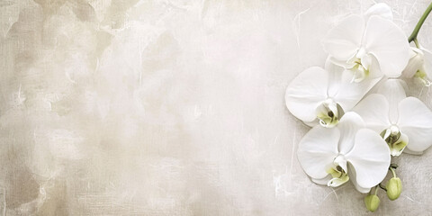 Naklejka na ściany i meble Elegant white orchids on a textured background. Floral and beauty concept with copy space. Design for banner, spa brochure, tranquil nature themed wallpaper 