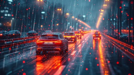 Vehicles on a futuristic highway, high security with advanced technology, generative ai